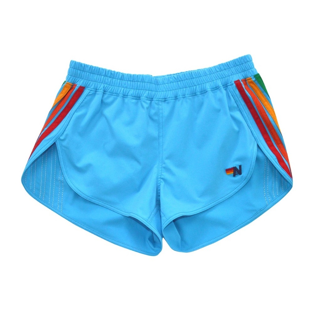 Aviator Nation 5 Stripe Flex Board Shorts — Neon Blue Rainbow, NWT Size S - Picture 5 of 13